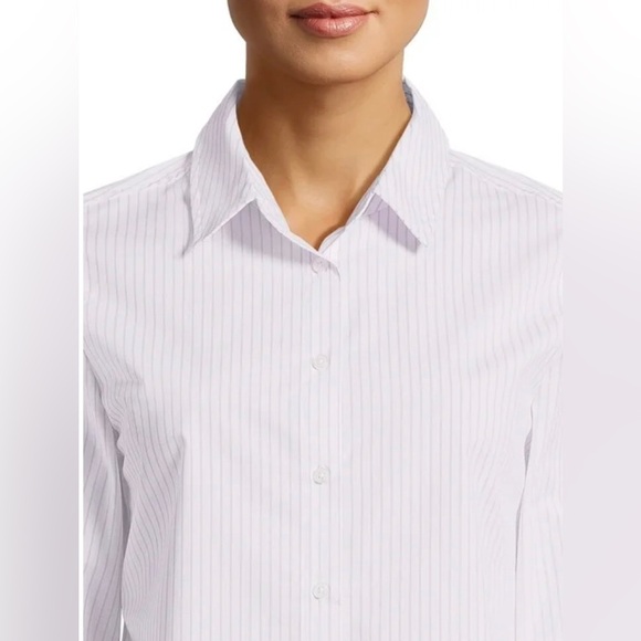 Time and Tru Women's Long Sleeve Button Down Striped Shirt white violet - Picture 4 of 12